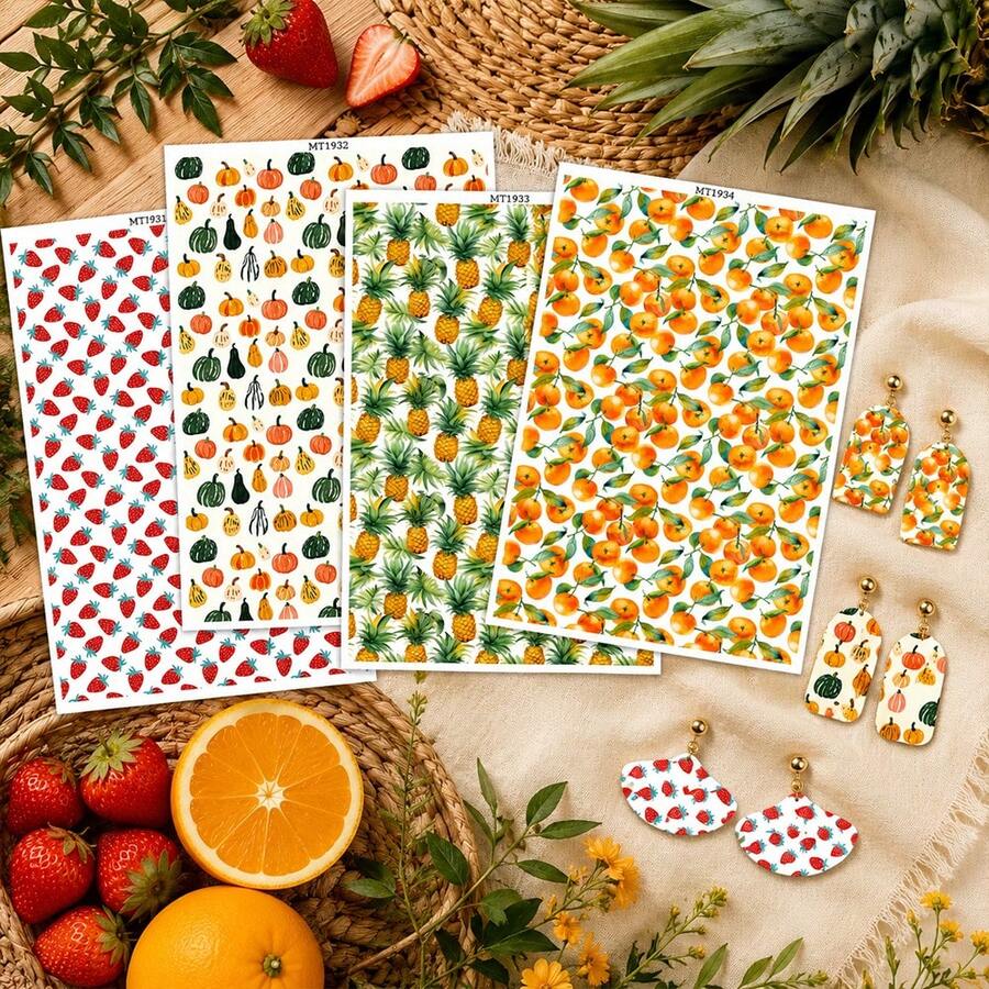 Strawberry/Fruit & Vegetable Mixed Painting/Pineapple/Orange Pattern Transfer Paper, Fruit Series Polymer Clay Printing Paper, Suitable For DIY Art Jewelry Earring Making Special Polymer Clay Transfer Printing - A - View 1