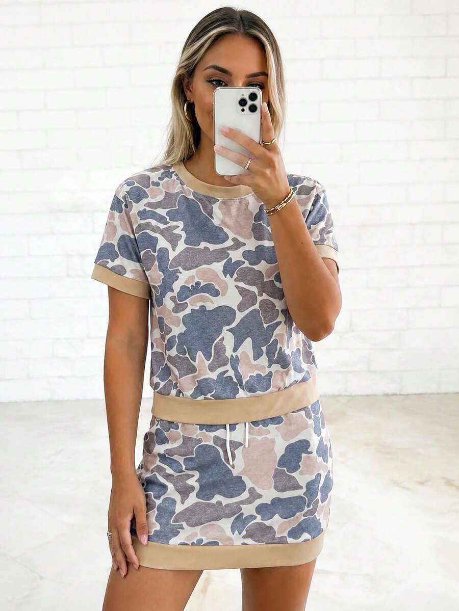 Acelitt Camouflage Print Casual 2 Pieces Set, Women's Khaki Trim Top & Drawstring Mini Skirt, Suitable For Daily Wear And Street Style Vacation Elegant Summer - Multicolor - View 1