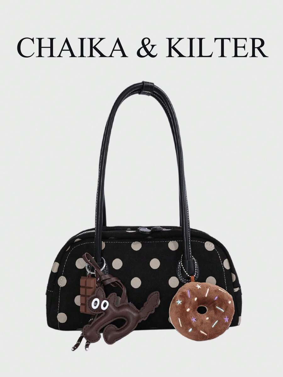CHAIKA & KILTER 1pc Contrast Color Matte Suede Fabric Women's Vintage Fashion One Shoulder Bowling Bag, All-Over Polka Dot Pattern, Contrast Color Quilted Stitching, Dual Handle Design, Zipper Closure, Suitable For Daily And Travel Use (Includes Pendant)
