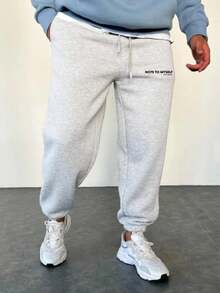 Men's Musical Note Print Winter 3-Layer Fleece Lined Loose Fit Elastic Cuff Pure Cotton Black Jogger Sweatpants - Grey - View 1