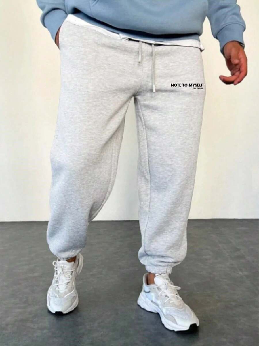 Men's Musical Note Print Winter 3-Layer Fleece Lined Loose Fit Elastic Cuff Pure Cotton Black Jogger Sweatpants - Grey - View 1