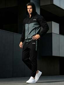 1 Set Men's Autumn Colorblock Hooded Sports Outfit, Zip-Up Jacket + Elastic Drawstring Joggers, 2-Piece Casual Running Fitness Daily Wear - Dusty Blue - View 4