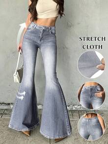 Quần jean ống loe xám nữ cạp cao co giãn, quần ống loe dài gợi cảm phong cách Y2K vintage thanh lịch, mặc đi du lịch thường ngày, mùa thu đông - Xám trung bình - Xem 1