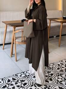 Women's Loose Casual Long Sleeve Collared Long Shirt With Front Buttons, Side Slits And Pockets, Solid Color, For Daily Wear And Dating - Brown - View 7