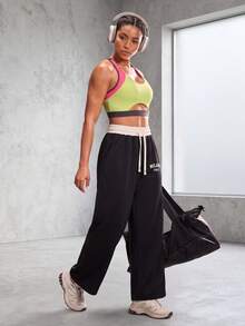 Knot & Curve Women's Long Pants Spring/Autumn Colorblock Waistband Letter Embroidery Sweatpants Drawstring Elastic Waist Retro Straight Leg Loose Sports Pants - Black - View 5