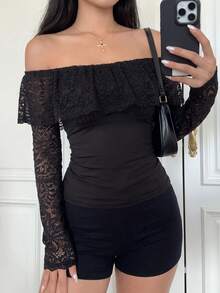 SCARLUX Women Off Shoulder Ruffled Lace Long Sleeve Top,Slim Fit Ruched Solid Black Blouse,Fall Winter Elegant Homecoming Daily Party Streetwear - Black - View 5