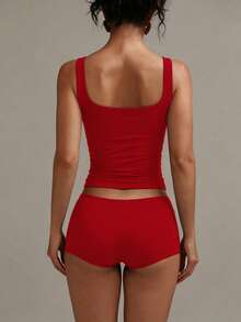 XLLAIS Women's Solid Color Square Neck Sleeveless Tank Top, Fitted Casual Wear, Red Color, Suitable For Christmas, New Year, Valentine's Day Summer - View 2