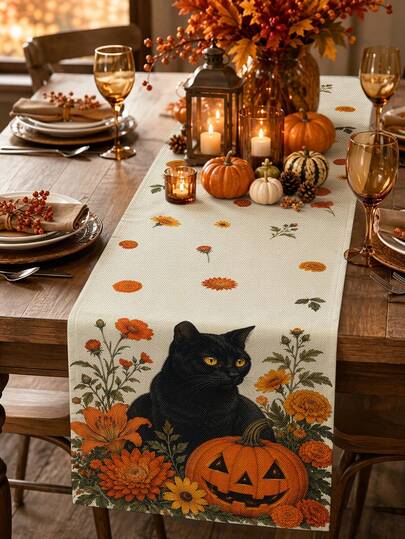 Halloween Table Runner, Pillow, Placemat, Vintage Autumn Style Long Table Runner, Yellow-Eyed Black Cat Sitting In Flowers, Jack-O'-Lantern Pattern, Autumn Chrysanthemum, Dahlia, Daisy, Beige Linen Background, Cozy Pastoral Tablecloth, Kitchen Dining Table Halloween Autumn Decor