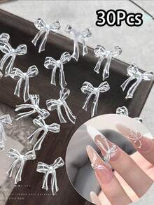 30pcs Organza Ice Transparent Ribbon Bow Nail Decorations, French Style Transparent Ribbon Resin Material Nail Art Accessories, Wearable Nail Art Decoration, Cute Fresh Fake Nail Accessories - Multicolor - View 6