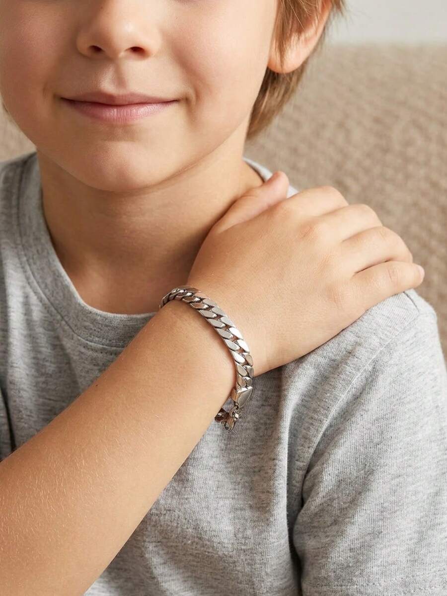 1pc Simple Silver Cuban Chain Bracelet For Boys Fashion Street Party Dates Vacation Sports Outfits Jewelry Accessory Gift For Daily Decoration - Silver - View 1