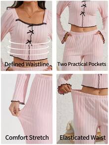 Women's Spring Autumn Winter Ribbed Solid Color Fashion Ruffle Trim Sweet Bow Lace Trim Square Neck Raglan Long Sleeve Casual Dual Pocket Pants Comfortable Loungewear 2-Piece Set - Pink - View 11