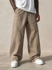Khaki Contrast Stitch Wide Leg Casual Pants, 3D Stitching Loose Drape Long Pants For Men - Khaki - View 2