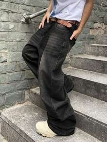 Impala Jeans Baggy para Hombre, Pantalón de Mezclilla de Ajuste Holgado, Diseño Desgastado Vintage, Pierna Ancha, Estilo Y2K Calle, Casual para Uso Diario, Moda Urbana Juvenil - Negro - Ver 8