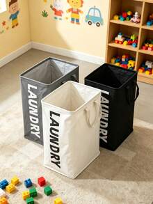 Household Fabric Storage Basket With Letter Print, Foldable Laundry Hamper With Handles, Children's Room Toy & Clothing Organizer Bin - Multicolor - View 4