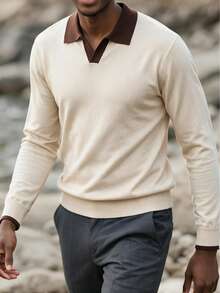 Men's Mercerized Patchwork Slim Fit Square Shoulder Airplane Collar Long Sleeve Sweater - Apricot - View 4