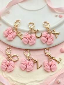 Pink Compact Bowknot Letter A-Z Keychain Pendant, Matching Bag Charm, Seasonal Opening Halloween Interactive Small Gift - Multicolor - View 8