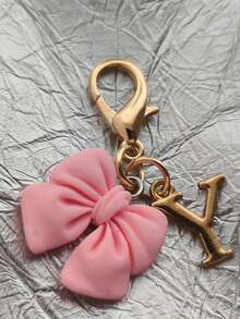 Pink Compact Bowknot Letter A-Z Keychain Pendant, Matching Bag Charm, Seasonal Opening Halloween Interactive Small Gift - Multicolor - View 24