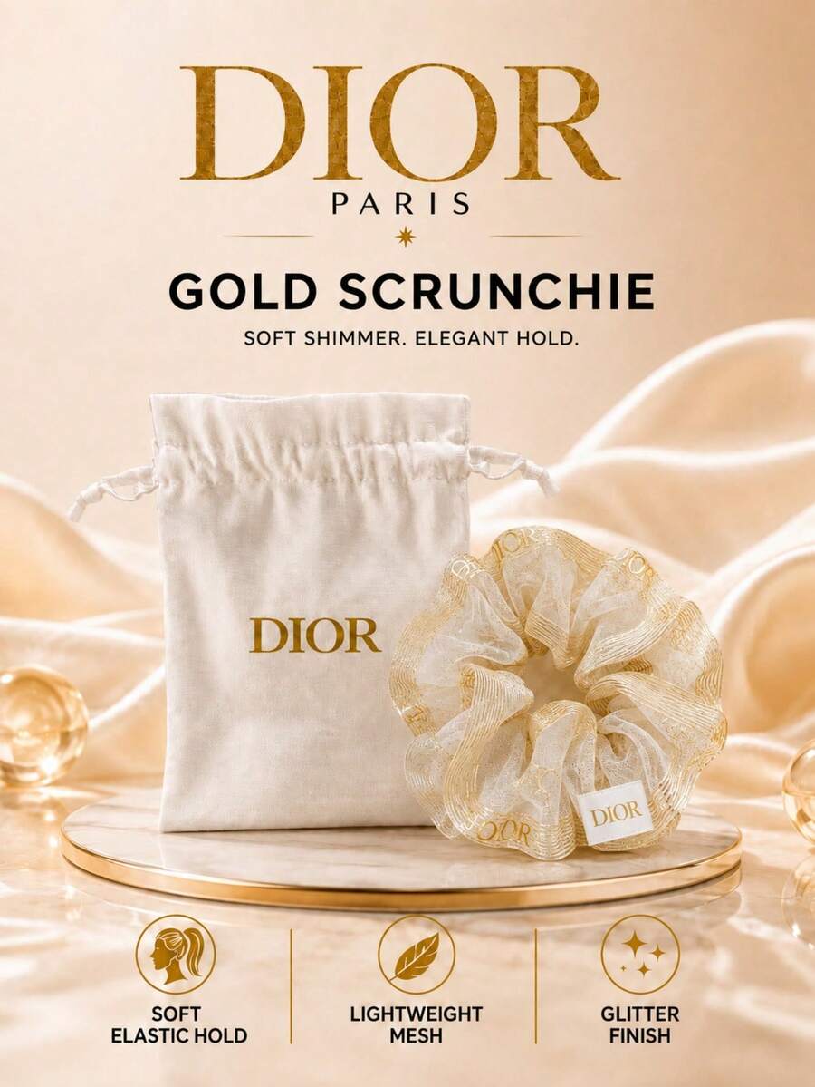 Dior 金色亮片髮圈 10cm，金色紋理，高彈性，舒適，適合日常配戴、派對與禮品