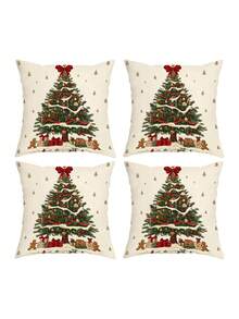 1/2/4Pcs Retro Snowy Christmas Tree Decorative Pillow Cover,Gingerbread Man Gift Box Snowy Xmas Tree Print Cushion Case,Cozy Farmhouse Xmas Home Decor - Multicolor - View 9