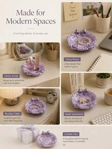 1pc Women's Purple 3D Printed Jewelry Tray, Bow And Rose Decor Storage Dish, Creative Vanity Organizer Box, Suitable For Rings, Earrings And Vanity Decor - Multicolor - View 5