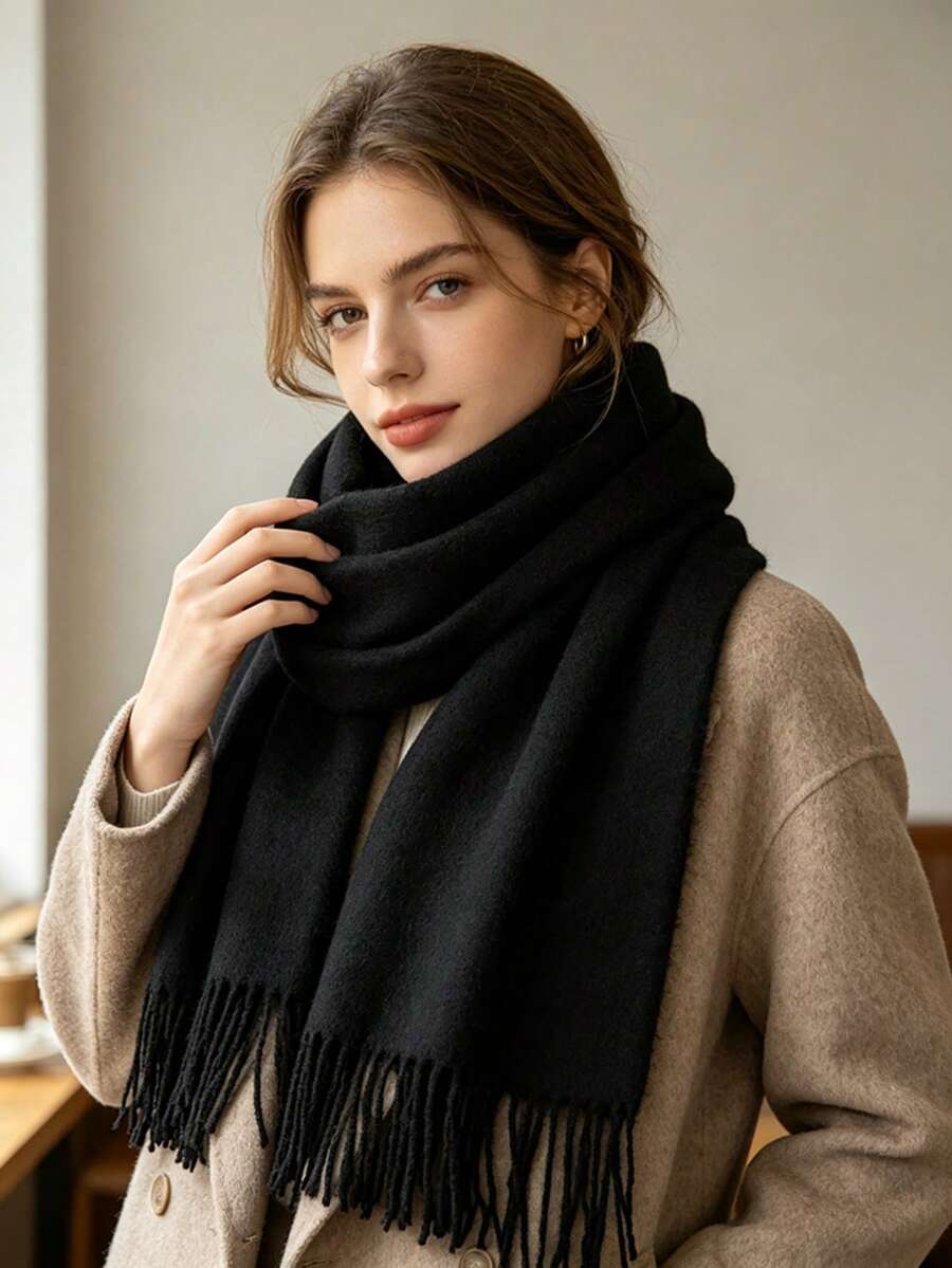 1pc Autumn/Winter Warm Solid Color Scarf, Minimalist Versatile Neck Warmer Shawl, Multiple Colors Available - Black - View 1