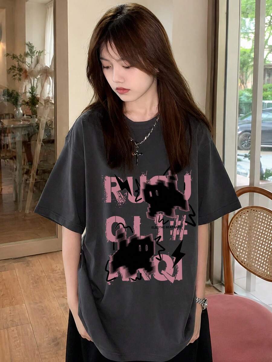 日系女式宽松休闲圆领字母卡通猫印花短袖T恤,春夏百搭 - 深灰色 - 查看 1
