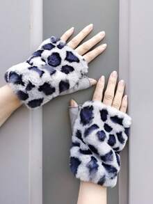 1pair Women's Leopard Print Plush Half Finger Gloves With Warm Lining, Furry Cute Gloves For Autumn Winter, 4 Colors - Multicolor - View 10