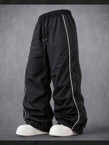 Men's Casual Outdoor Straight Leg Pants, Classic Versatile, Adjustable Drawstring Waist Sports Black - Black - View 1