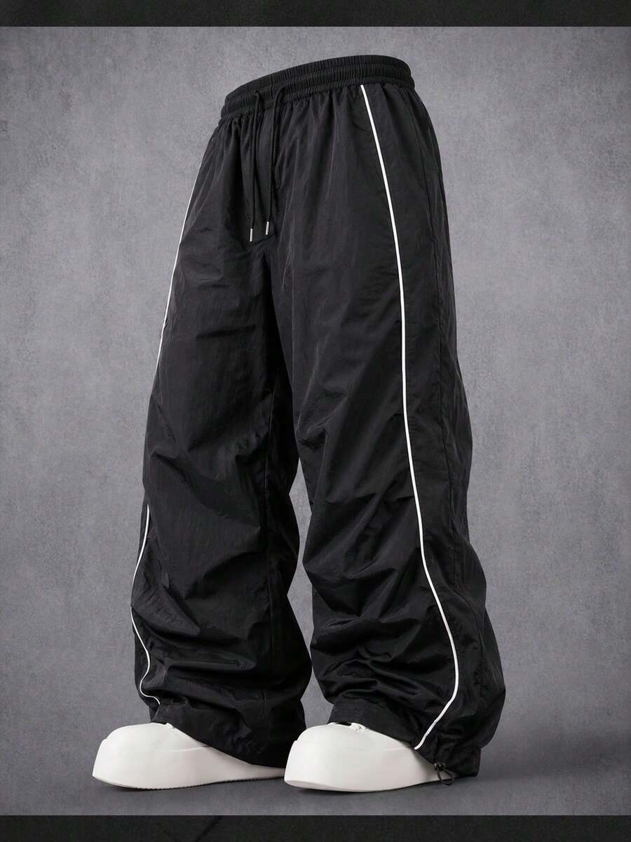 Men's Casual Outdoor Straight Leg Pants, Classic Versatile, Adjustable Drawstring Waist Sports Black - Black - View 1