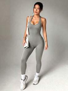 Women's Seamless Yoga Jumpsuit - High Elasticity, Tummy Control, Slimming Athletic Jumpsuit, Breathable And Comfortable Summer Sports - Grey - View 2