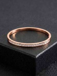 1pc Luxury Single‑Row Square Zirconia Thin Bangle, Stainless Steel Rose‑Gold Tone, Unisex Daily Wear Jewelry - Rose Gold - View 4