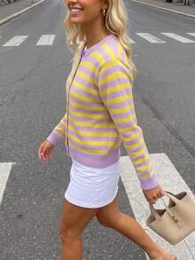 Light Purple & Yellow Striped Knit Cardigan, Round Neck Wavy Hem Single-Breasted Long Sleeve Sweater Jacket - Pale Purple-yellow - View 4