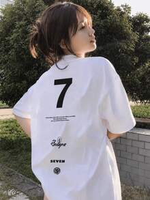日系女式宽松圆领卡通字母印花短袖T恤，夏季休闲白色 - 白色 - 查看 4
