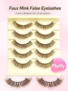 5 Pairs Fluffy Thin Brown False Eyelashes, Anime Effect Natural Makeup Look, Soft Brown Eyelash Extensions, Cartoon Eye Transparent Stem Natural Eyelashes, Reusable, Suitable For Beginners - Black - View 3