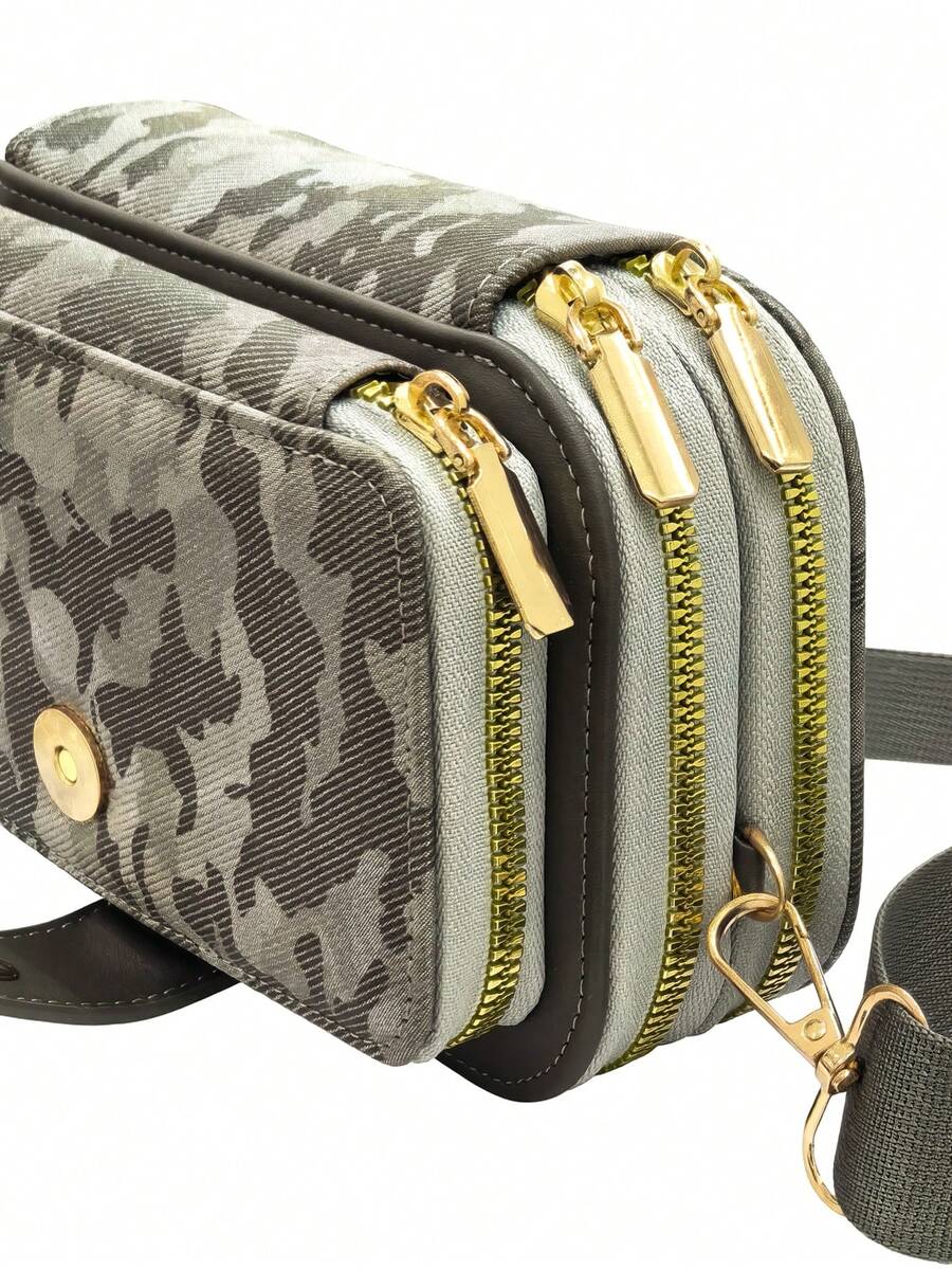 Upgraded New Camouflage Pattern Patchwork Multi-Function Large Capacity Double Zipper Phone Wallet Fashion Minimalist Soft Material Casual Holiday Date Messenger Bag - Army Green - View 1