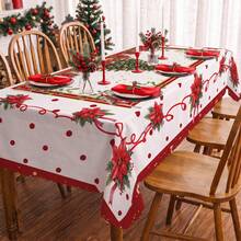 1pc Christmas Tree Holly Leaf Poinsettia Print Rectangular Tablecloth, Suitable For Holiday, Party, Birthday, Dinner, Restaurant Table Decoration, Christmas Home Autumn/Winter Decor - Multicolor - View 4