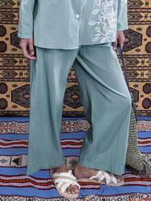 East & Noor 女款休閒植物刺繡長袖上衣與長褲套裝 - 霧霾藍 - 查看 4