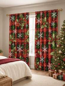 2Pcs Christmas Holiday Curtains, Vintage Red & Green Plaid Holly Snowflake Print Pattern Curtains, Semi-Blackout Rod Pocket Holiday Window Decor, Suitable For Living Room And Bedroom, Rod Not Included - Multicolor - View 8