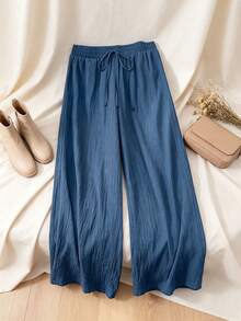 Women's Solid Blue Textured Elastic Waistband Faux Drawstring Side Pocket Wide Leg Casual Loose Full Length Pants - Lake Blue - View 9