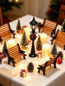 Mini Christmas Street Light & Park Bench Set, Holiday Use, Vintage Black Floral Lamp & Mini Wooden Bench, Winter Miniature Landscape 3D Decoration, Suitable For Christmas Tabletop Fairy Garden Decor - Multiple Styles - View 6
