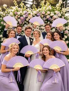 Light Purple Folding Fan Set, Including A Fan, A Small Pouch, And A Bow; A Portable Folding Fan Set Suitable For Weddings, Parties, And Event Decor. - Multicolor - View 3