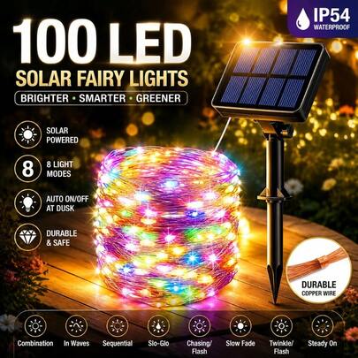 Solar Fairy Lights 100 LED, Flexible Copper Wire String Lights With 8 Modes, Outdoor Waterproof Solar Garden Lights For Trees, Fence, Patio, Wedding And Holiday Decor