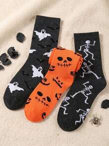 3 Pairs Kids Autumn/Winter Halloween Bat Pumpkin Mid-Calf Socks, Soft Comfortable Casual Halloween Gift For Children - Multicolor - View 1