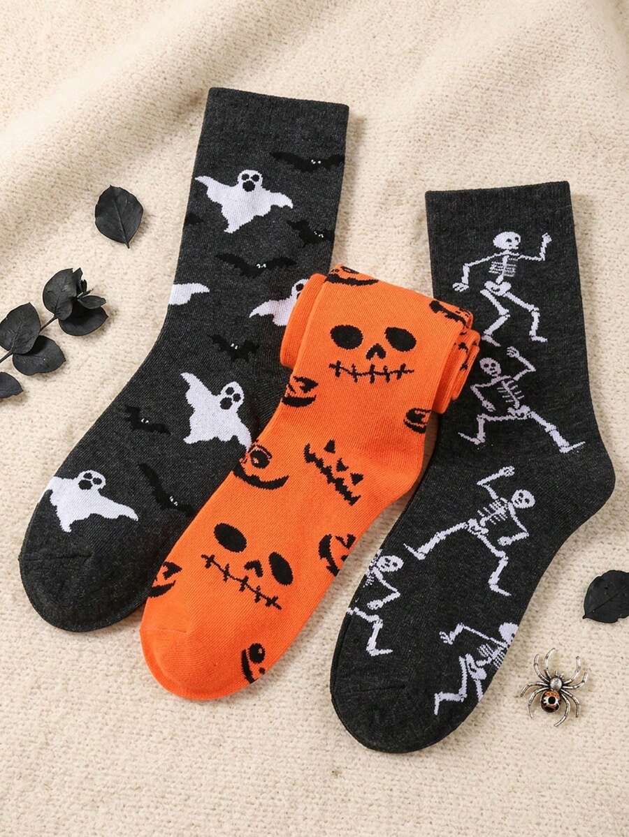 3 Pairs Kids Autumn/Winter Halloween Bat Pumpkin Mid-Calf Socks, Soft Comfortable Casual Halloween Gift For Children - Multicolor - View 1