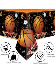 3 Pcs Basketball Theme Party Tablecloth, Disposable Plastic Basketball Birthday Table Cover, Rectangular 137 X 274 Cm, Basketball Theme Party Decorations, Dark - Basketball Theme - View 6
