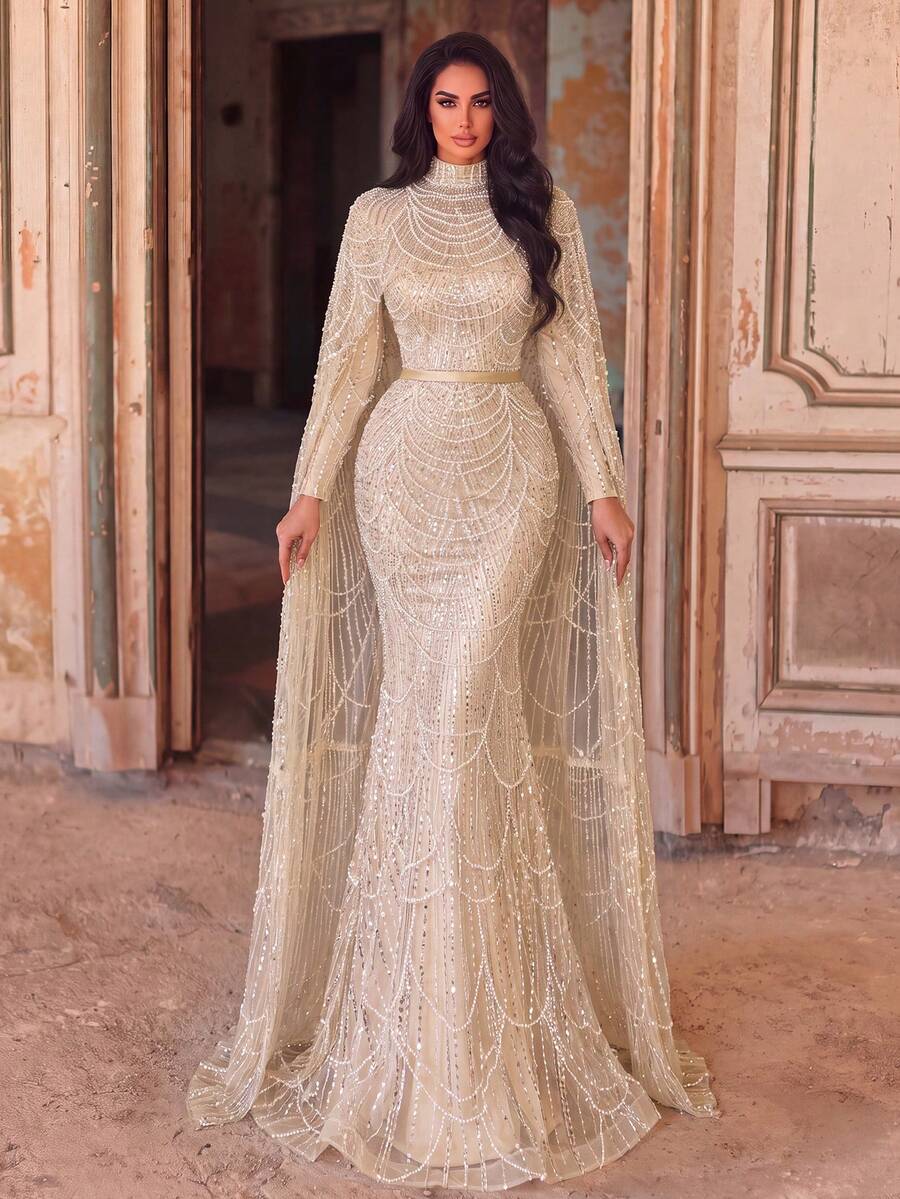 Faeriesty Glamorous Sequin 2 Pieces Set: Sequin Mermaid Evening Gown And Sequin Fish Scale Shawl, Long Sleeve Sheer Waist Design - Wedding