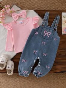 Baby Girl Soft & Cute 3-Piece Set, Pink Ribbed Ruffle Flutter Sleeve Long Sleeve Inner Top + Embroidered Bow Light Wash Denim Overall Pants + Pink Bow Headband, Sweet Spring/Autumn Outfit For Infants And Toddlers - Pink - View 3