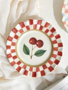 1pc French Wave Edge Fruit Ceramic Plate, Hand-Painted Plaid Plate, 8inch Plate, Steak And Pasta, Perfect For Bread, Cake, Dessert, Fruit, Salad, Mother's Day, Thanksgiving - Multicolor - View 11