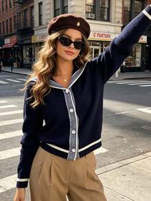 Women's Navy Collar Contrast Color Knit Cardigan, Short Length, Autumn/Winter Daily Wear - Navy Blue - View 4