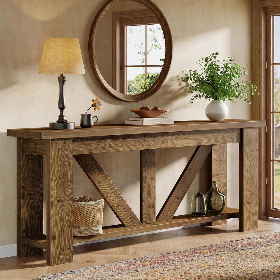 LITTLE TREE 180 Cm Rustic Extra Long Sofa Table Solid Wood 2‑Tier Storage Console Table Behind Couch Brown For Entryway Hallway Living Room - Brown - View 1